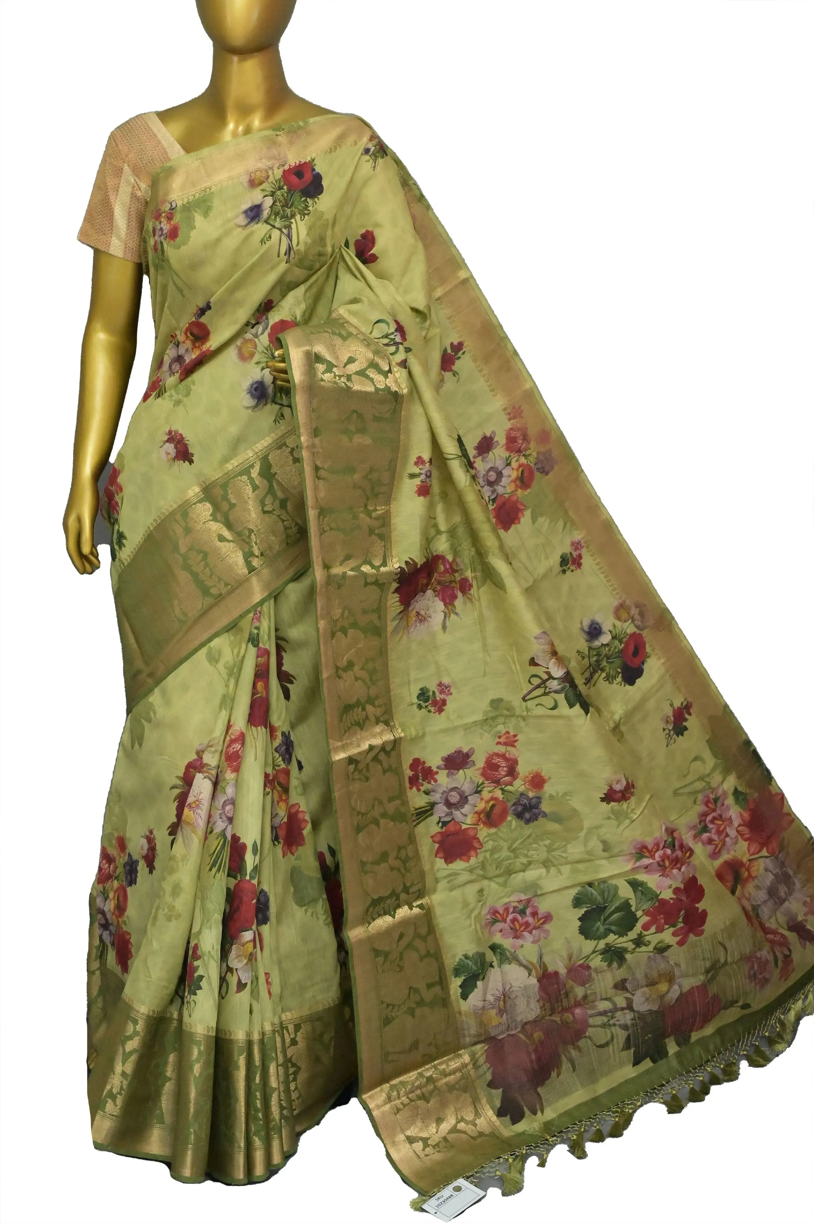 Green Color Muga Banarasi Saree with Floral Digital Print & Kanchi Border