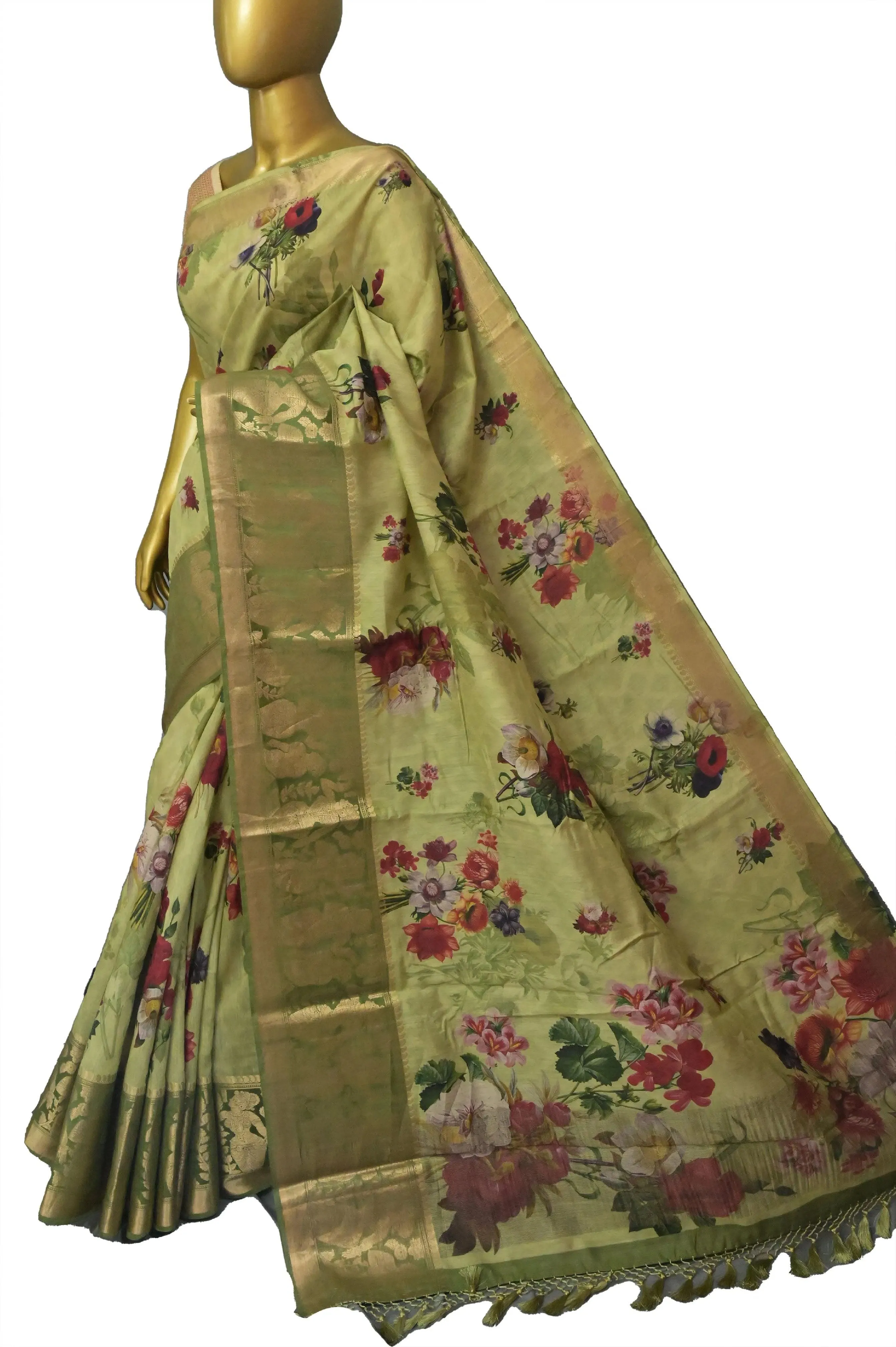 Green Color Muga Banarasi Saree with Floral Digital Print & Kanchi Border