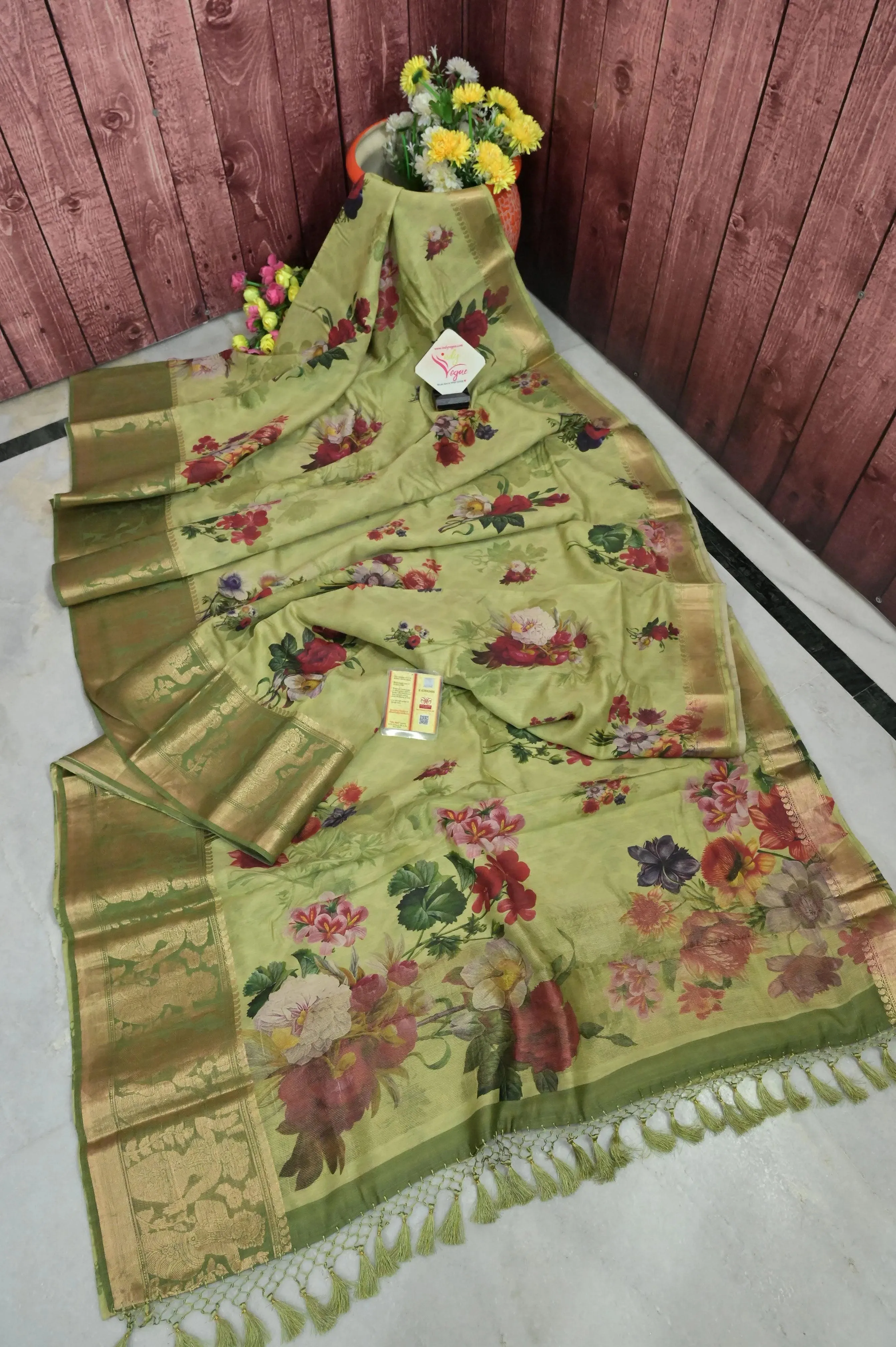 Green Color Muga Banarasi Saree with Floral Digital Print & Kanchi Border