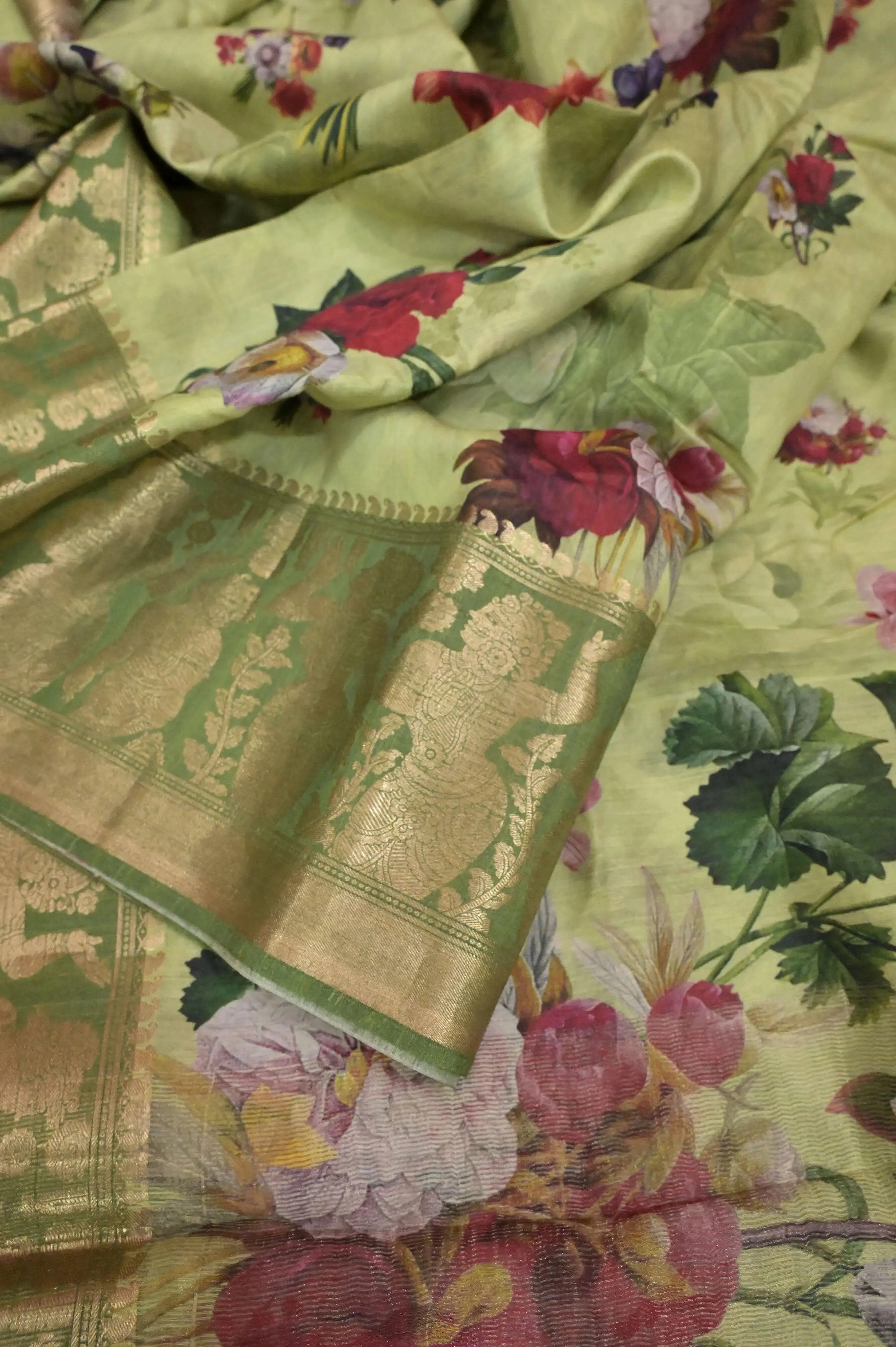 Green Color Muga Banarasi Saree with Floral Digital Print & Kanchi Border