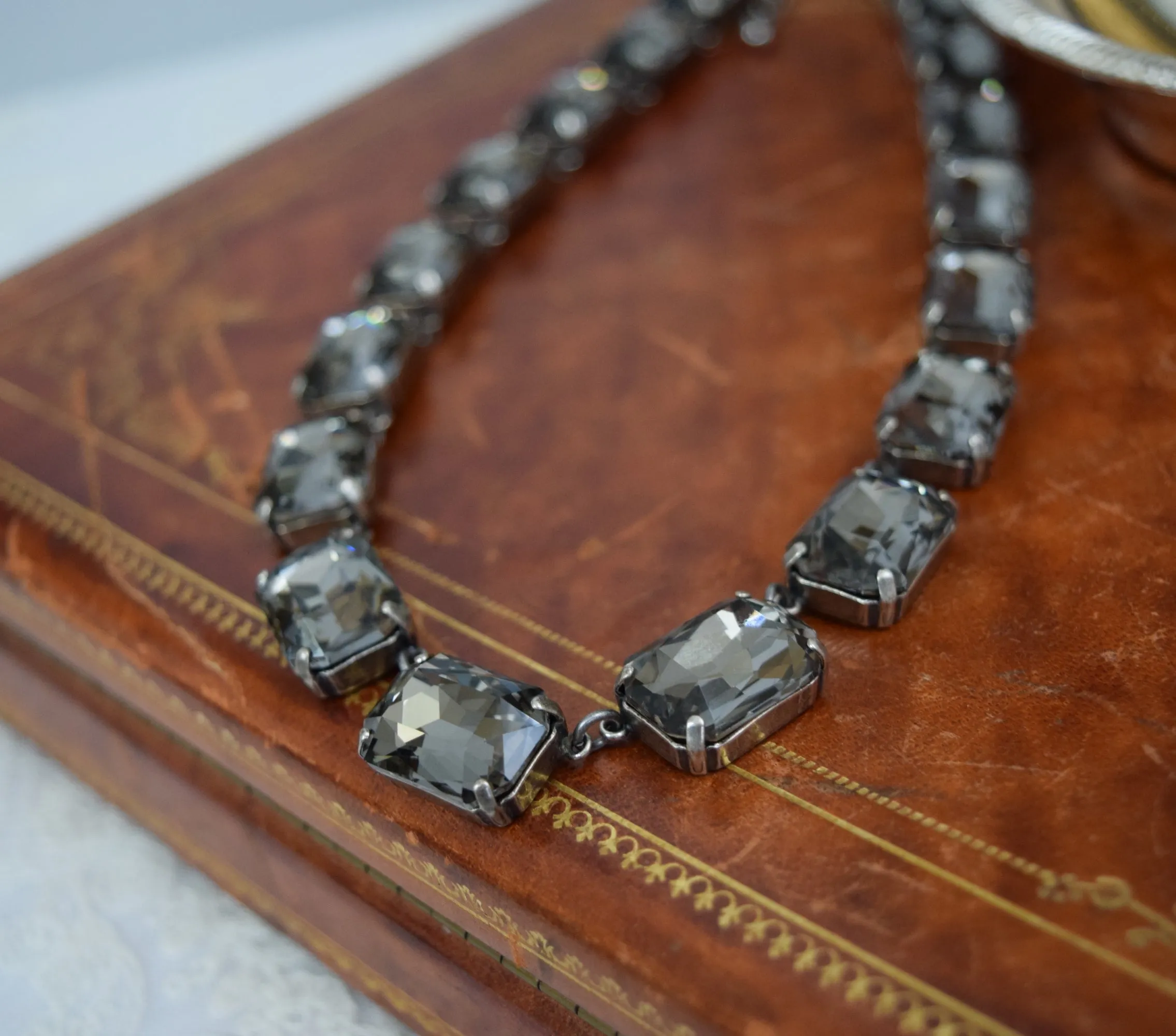 Grey Black Diamond Aurora Crystal Collet Necklace - Large Octagon