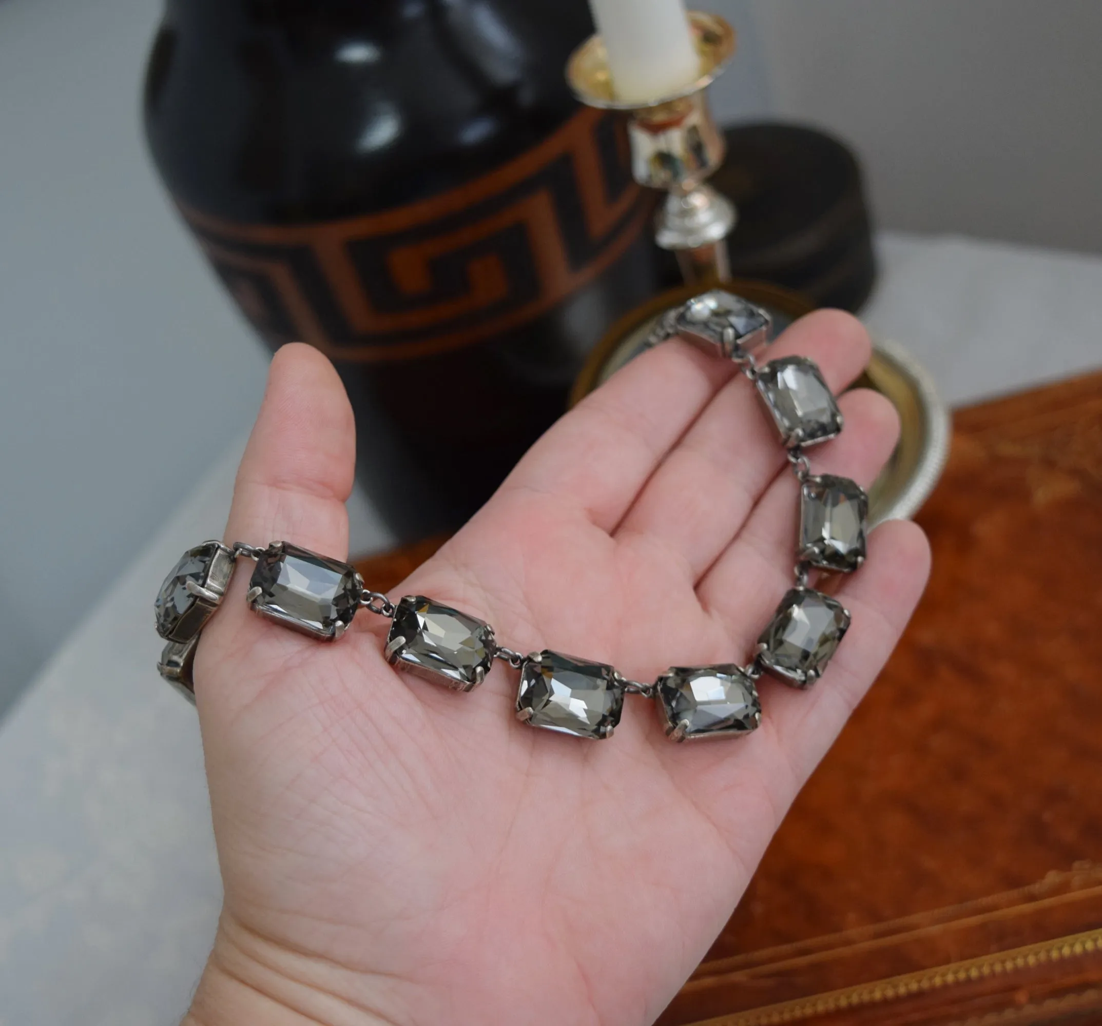 Grey Black Diamond Aurora Crystal Collet Necklace - Large Octagon