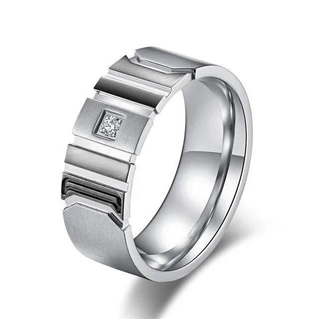 Grooved Matte Finish with Cubic Zirconia Titanium Wedding Ring