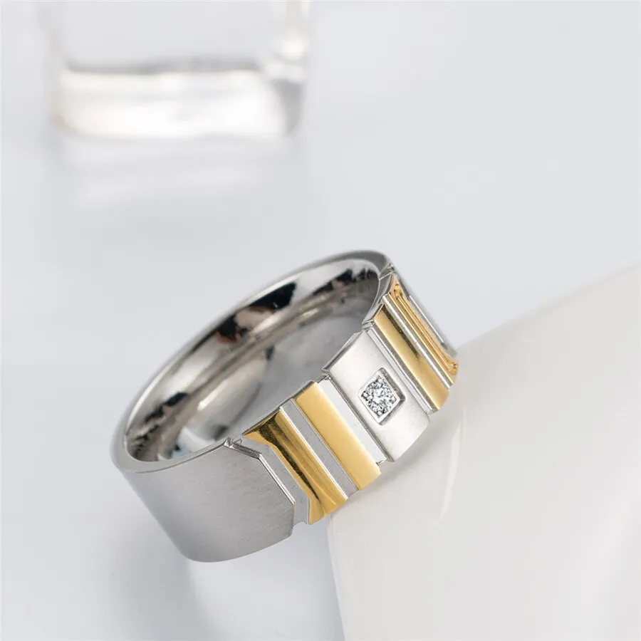 Grooved Matte Finish with Cubic Zirconia Titanium Wedding Ring