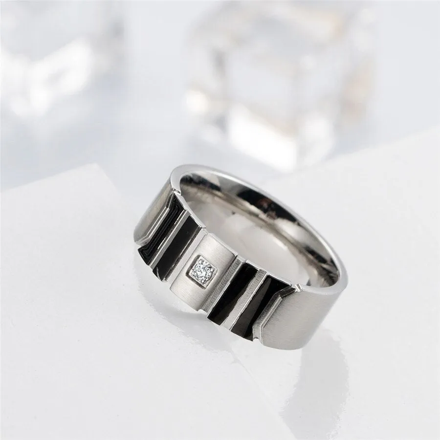 Grooved Matte Finish with Cubic Zirconia Titanium Wedding Ring