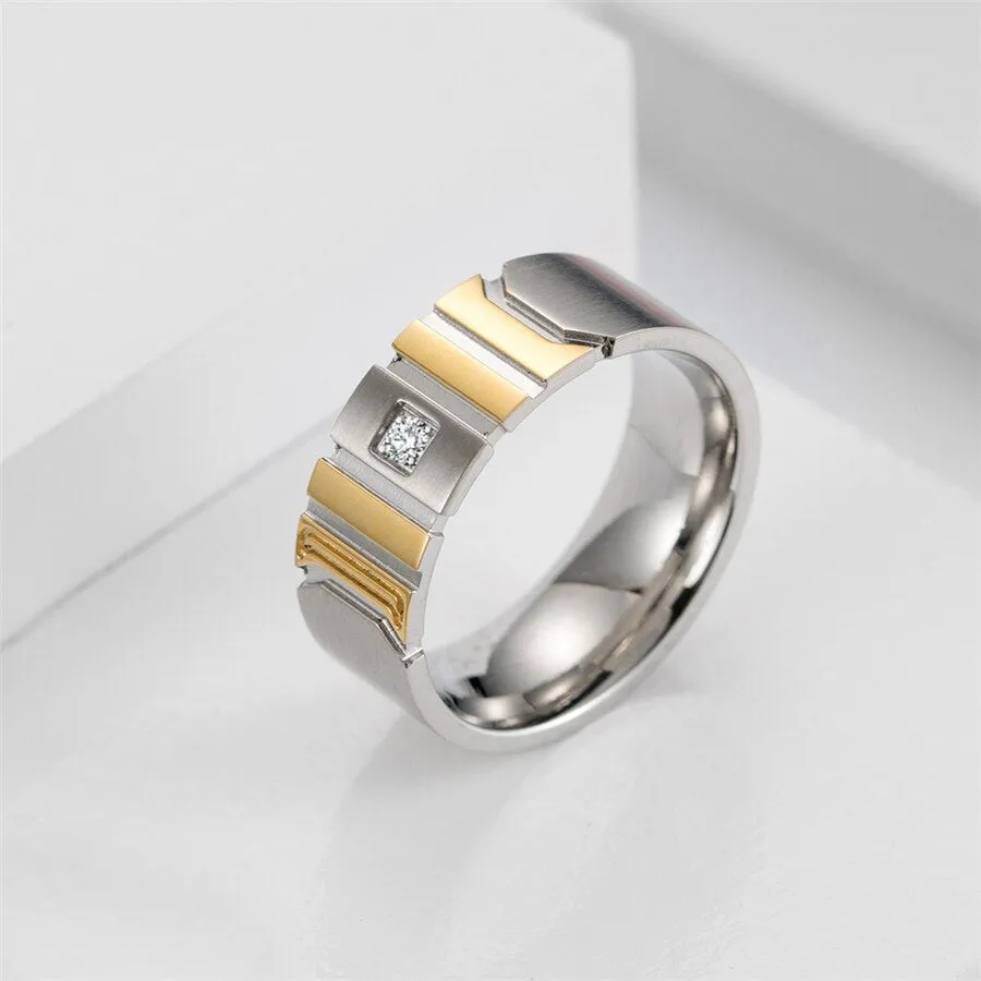 Grooved Matte Finish with Cubic Zirconia Titanium Wedding Ring