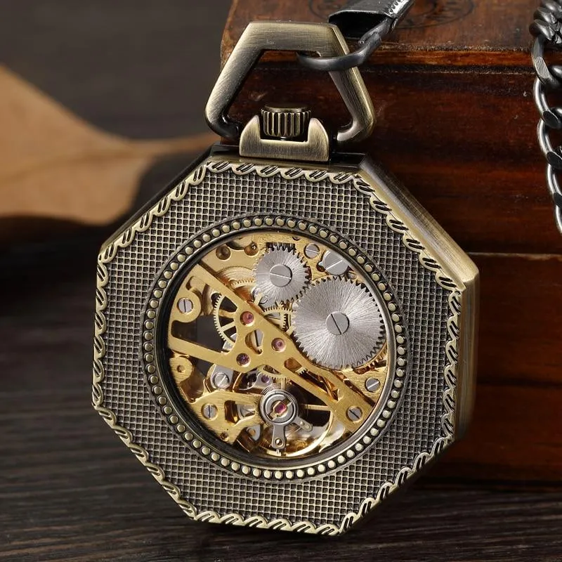 Hexagonal Brass Pocket Watch with Red, Black, and Gold Details