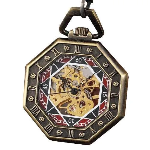 Hexagonal Brass Pocket Watch with Red, Black, and Gold Details