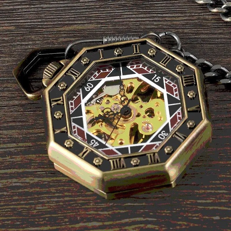 Hexagonal Brass Pocket Watch with Red, Black, and Gold Details