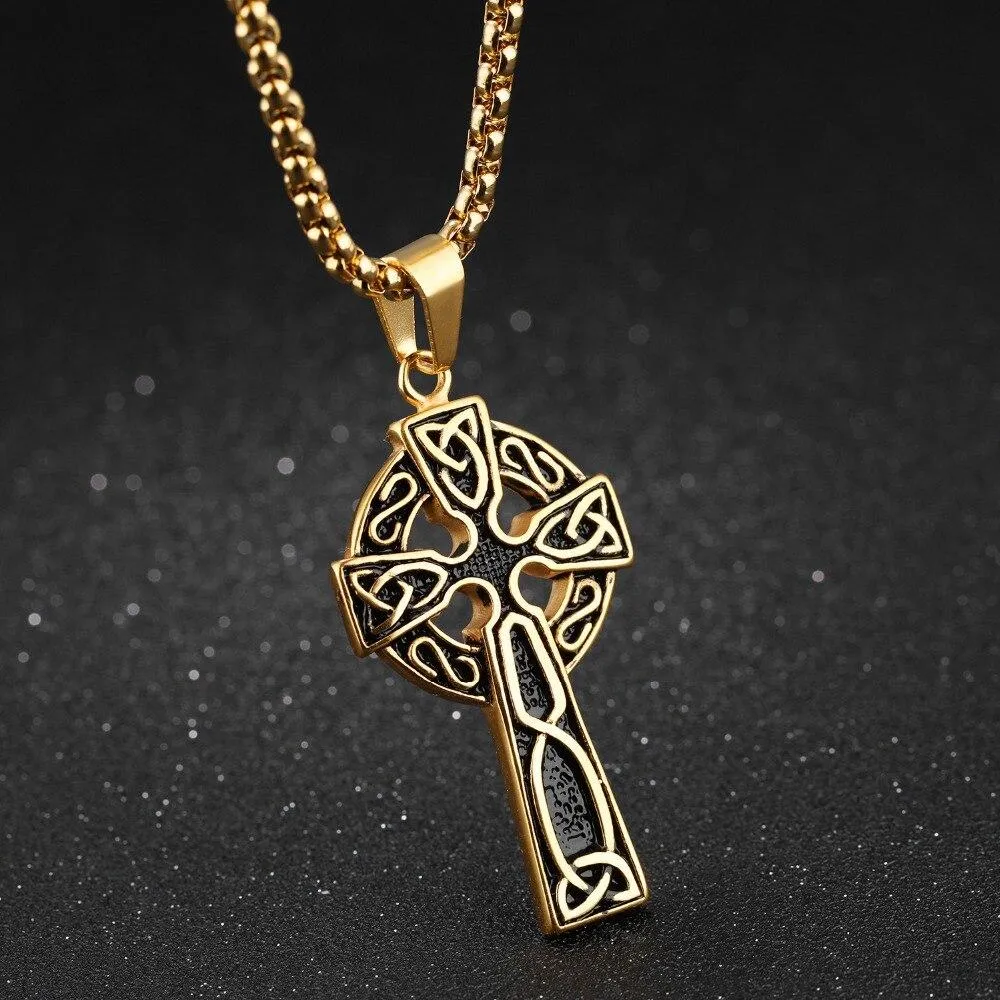 Hip Hop Silver & Gold Celtic Cross Pendant Necklace with 24 Inch Chain