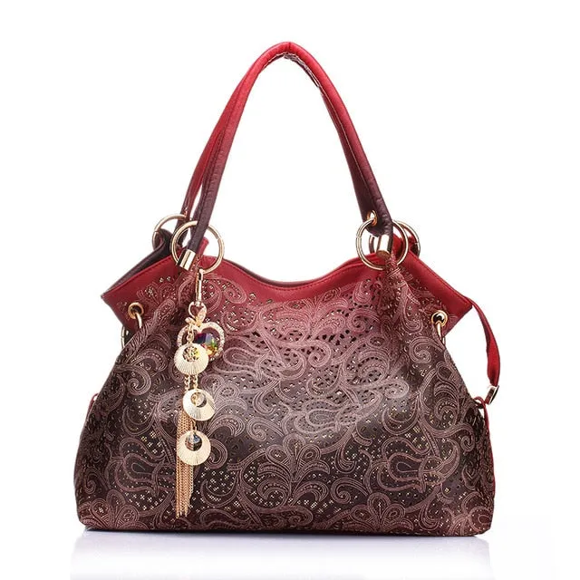 Hollow-Out Floral Print Tassel Shoulder Bag, Tote Bag and Handbag