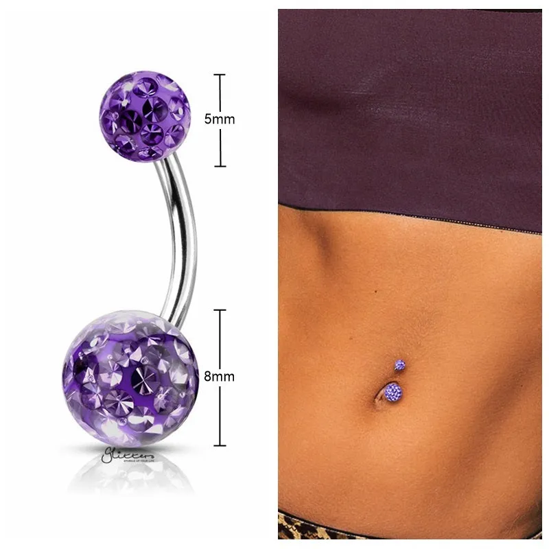 Internally Threaded Belly Button Ring with Epoxy Covered Crystal Paved Balls - Tanzanite