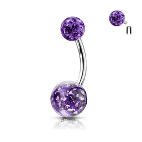 Internally Threaded Belly Button Ring with Epoxy Covered Crystal Paved Balls - Tanzanite