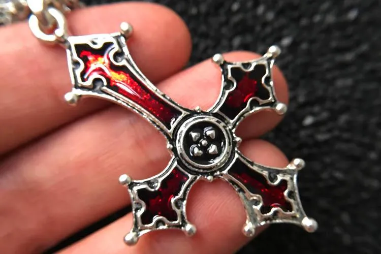 Inverted Silver Gothic Cross Pendant with Blood Red Inlay