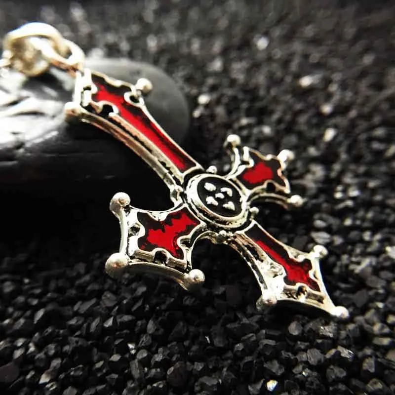 Inverted Silver Gothic Cross Pendant with Blood Red Inlay