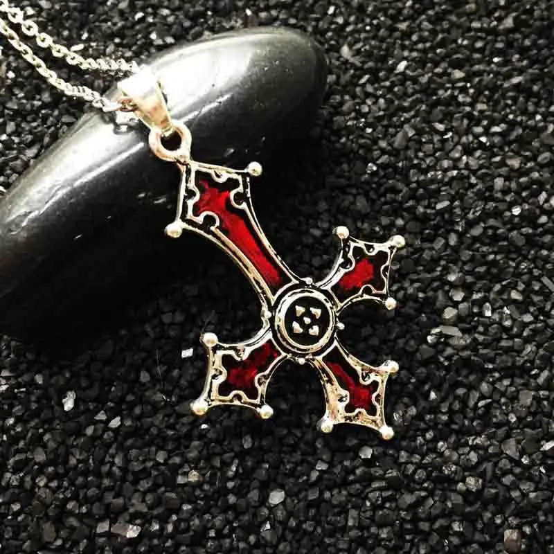 Inverted Silver Gothic Cross Pendant with Blood Red Inlay