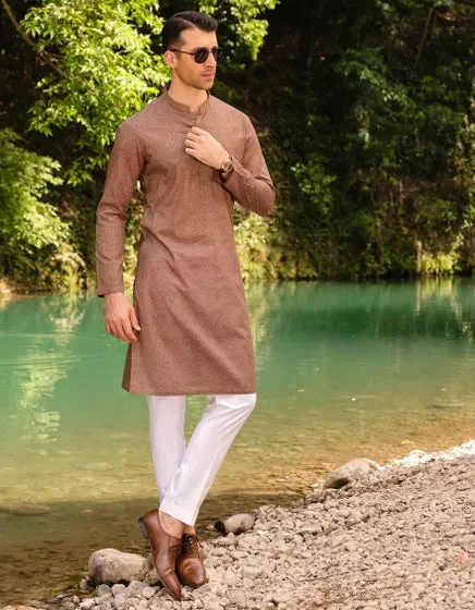 J. Mens Brown Cotton Semi-Formal 2-Piece Kurta   Trouser