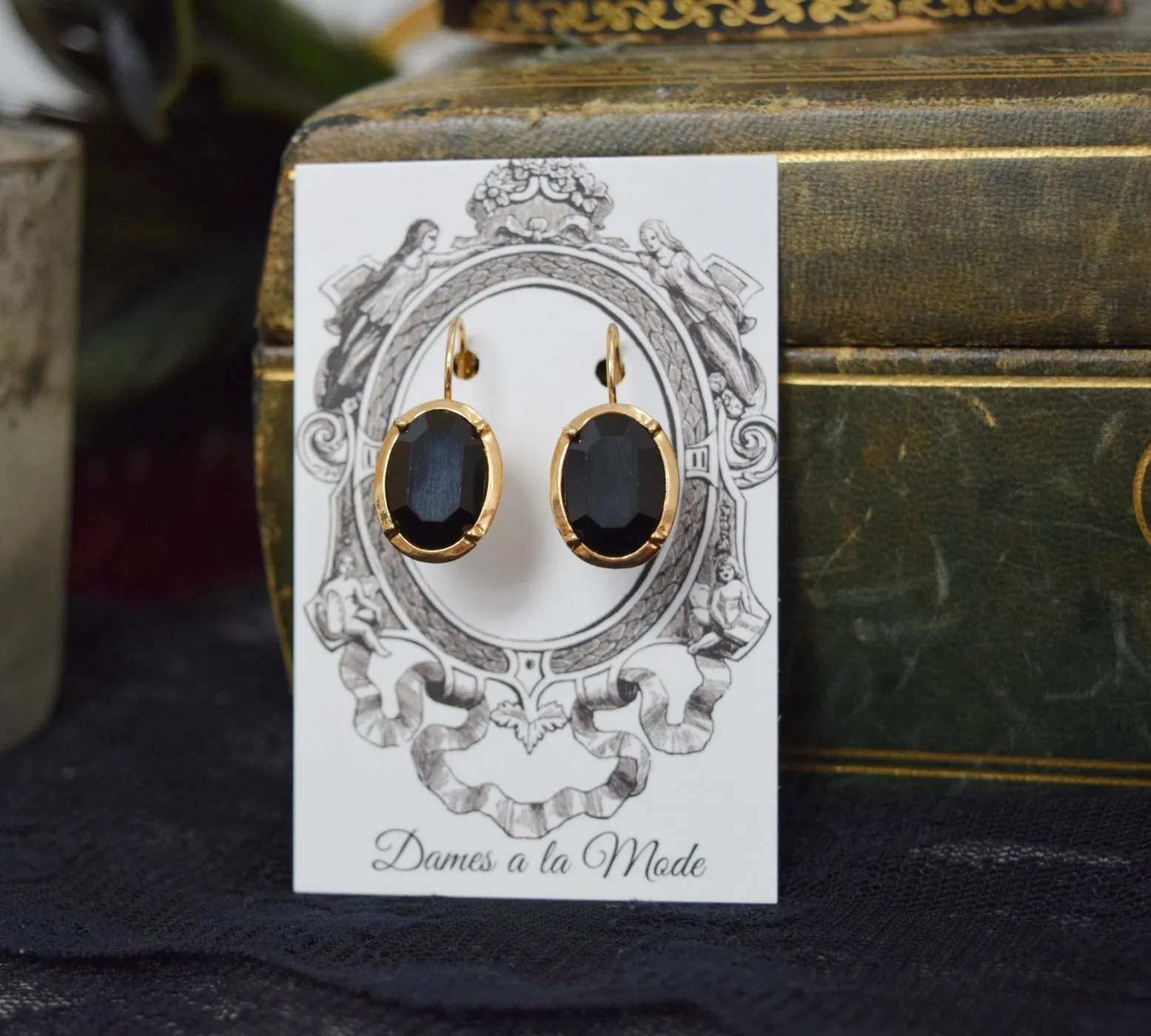 Jet Black Earrings - Medium Oval Collar Style