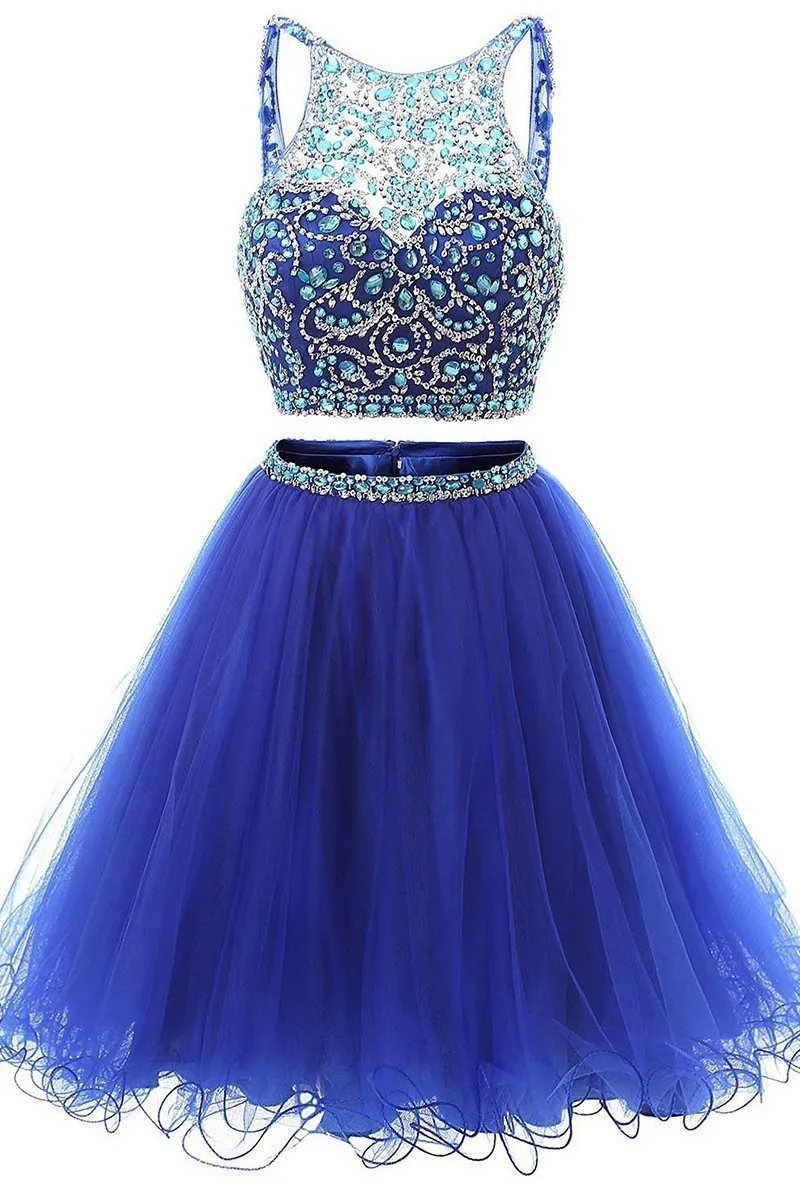 Jewel Neck Illusion Sequins Crystal Shining Two Piece Low Back Royal Blue Tulle Homecoming Dress