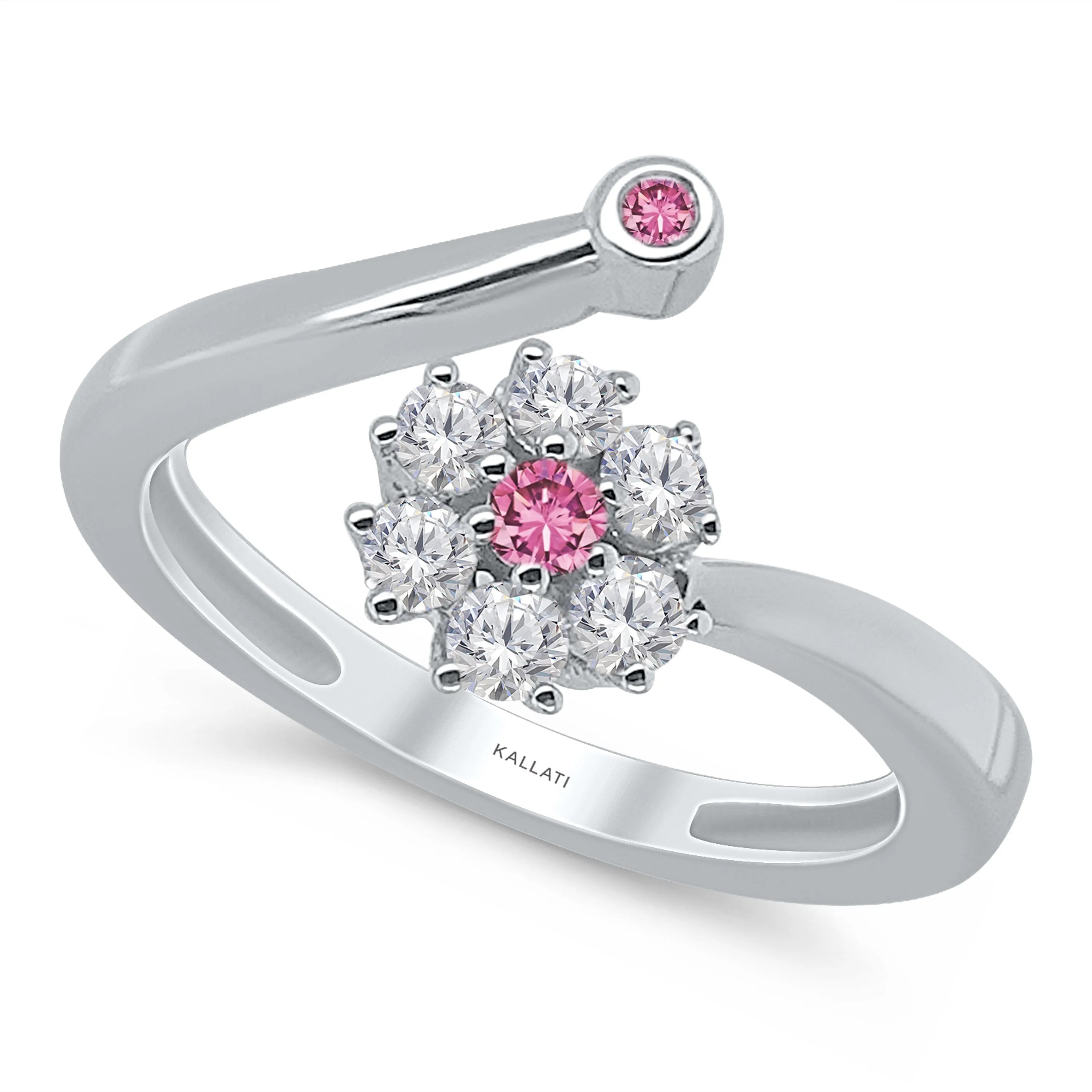 Kallati Heirloom Pink Sapphire & Diamond Flower Ring in 14K White Gold