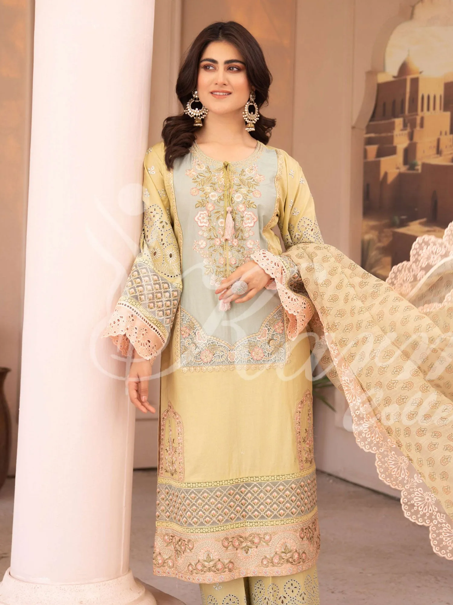 Karma Collection "Naqsh" Maize Cotton Embroidered Suit (KC1355)