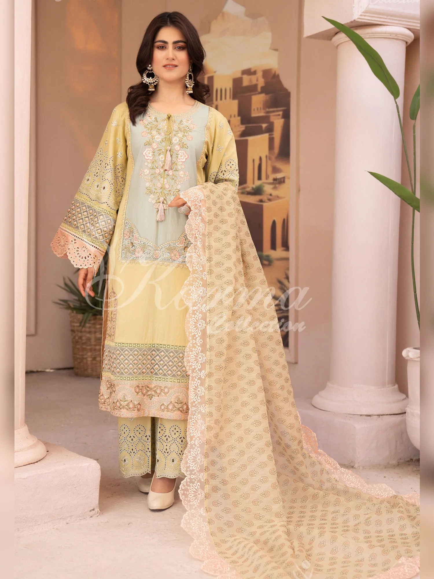 Karma Collection "Naqsh" Maize Cotton Embroidered Suit (KC1355)