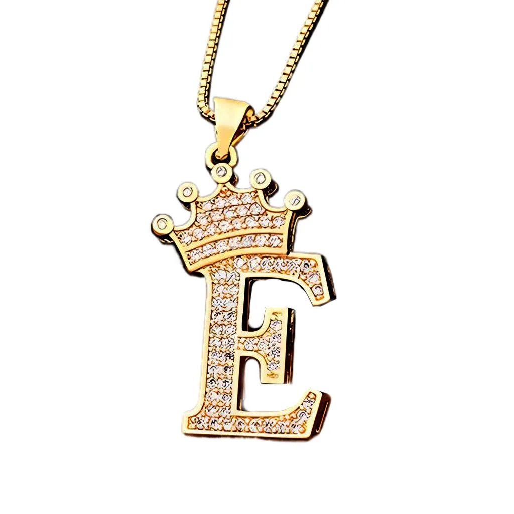 King Crown Alphabet Initial Letter Pendant 24 Various Chain Necklace in Gold