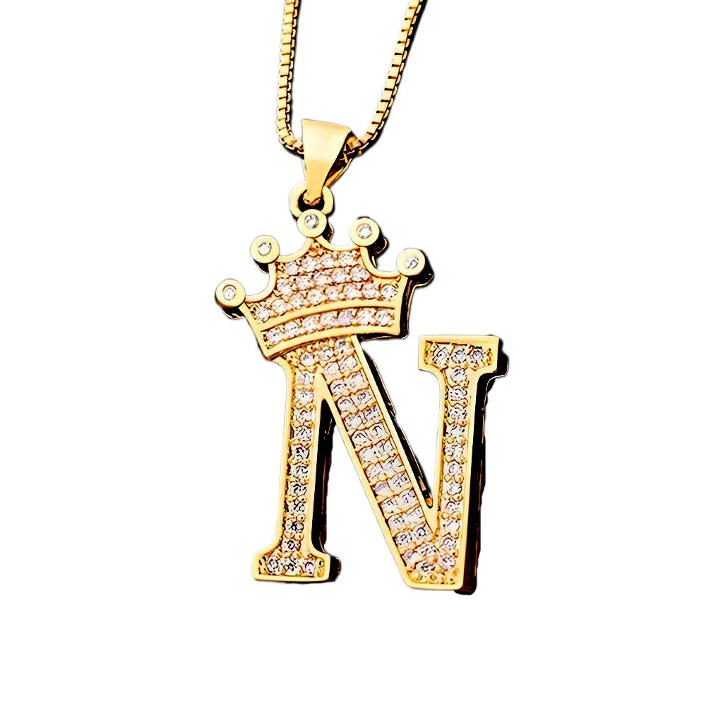 King Crown Alphabet Initial Letter Pendant 24 Various Chain Necklace in Gold