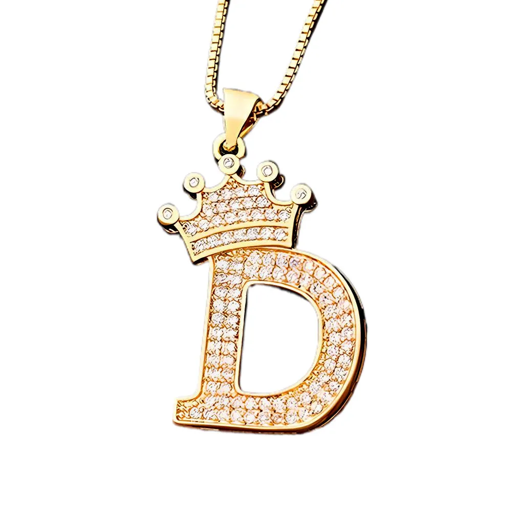 King Crown Alphabet Initial Letter Pendant 24 Various Chain Necklace in Gold