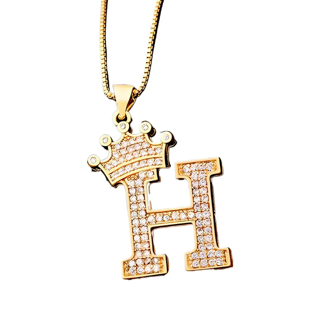 King Crown Alphabet Initial Letter Pendant 24 Various Chain Necklace in Gold