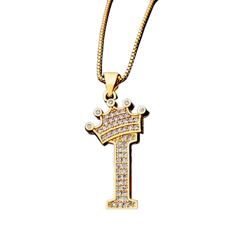 King Crown Alphabet Initial Letter Pendant 24 Various Chain Necklace in Gold