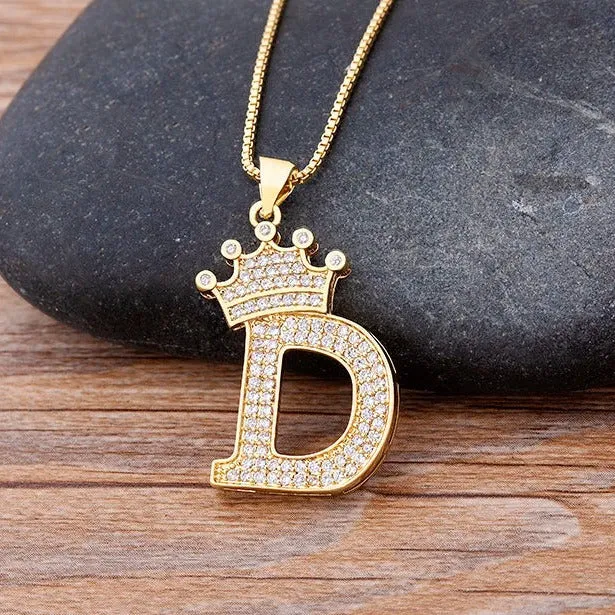 King Crown Alphabet Initial Letter Pendant 24 Various Chain Necklace in Gold