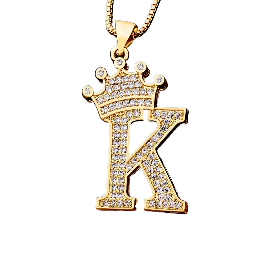 King Crown Alphabet Initial Letter Pendant 24 Various Chain Necklace in Gold