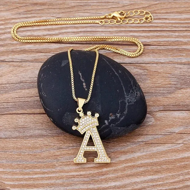 King Crown Alphabet Initial Letter Pendant 24 Various Chain Necklace in Gold