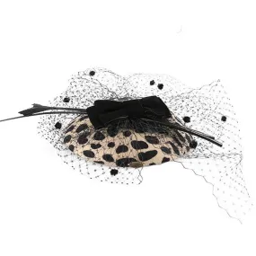 Leopard Australian Wool Pillbox Fascinator Hat with Netted Veil, Bowknot and Feathers