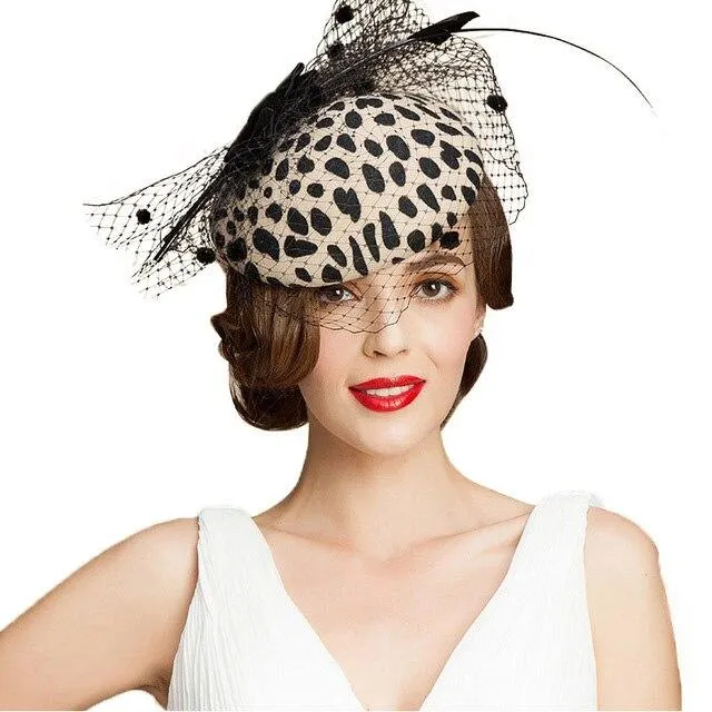 Leopard Australian Wool Pillbox Fascinator Hat with Netted Veil, Bowknot and Feathers