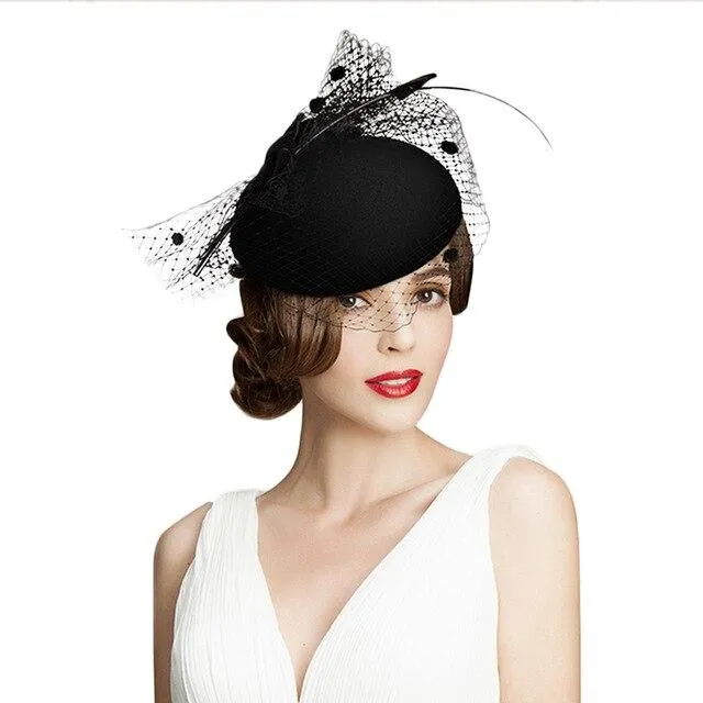 Leopard Australian Wool Pillbox Fascinator Hat with Netted Veil, Bowknot and Feathers