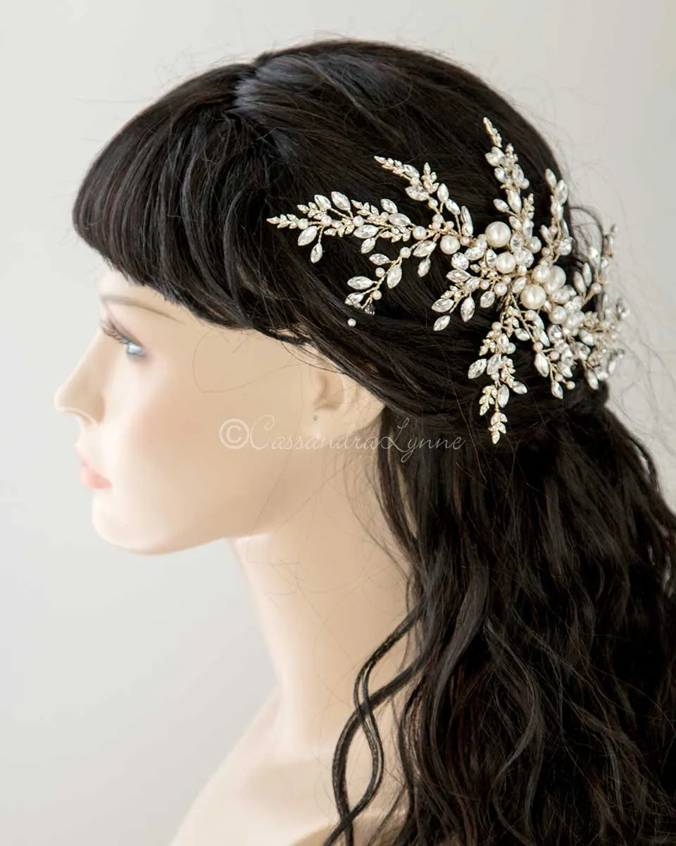 Light Gold Wedding Headpiece with Ivory Pearls