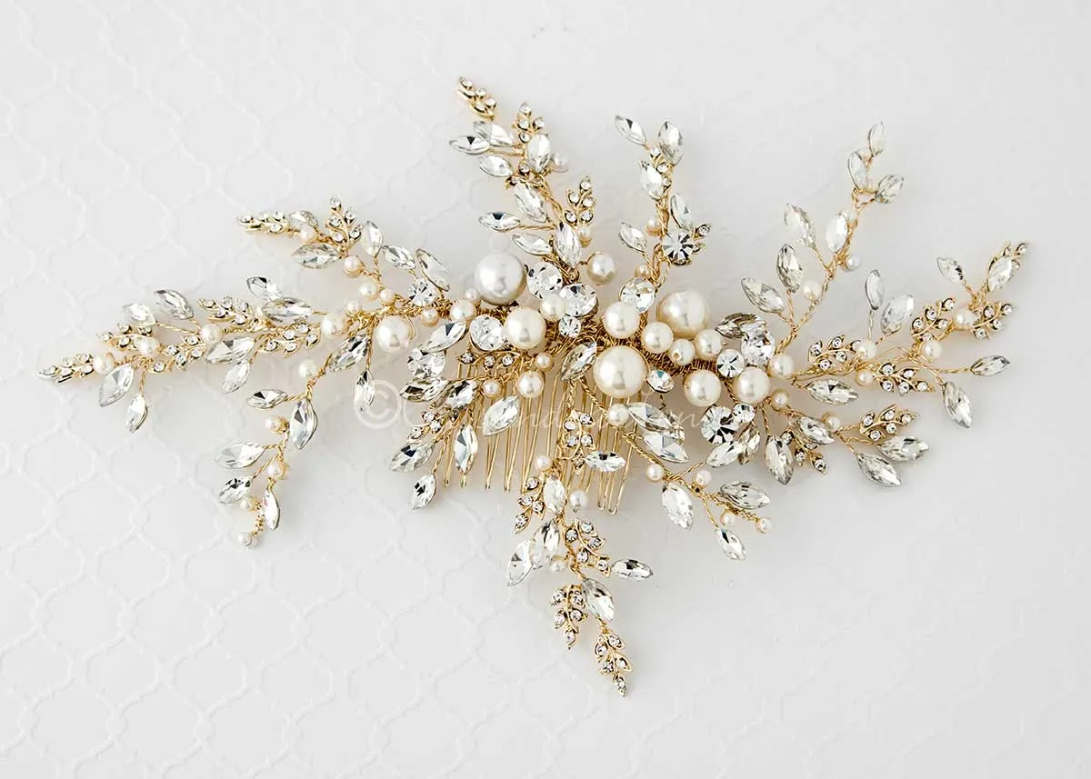 Light Gold Wedding Headpiece with Ivory Pearls