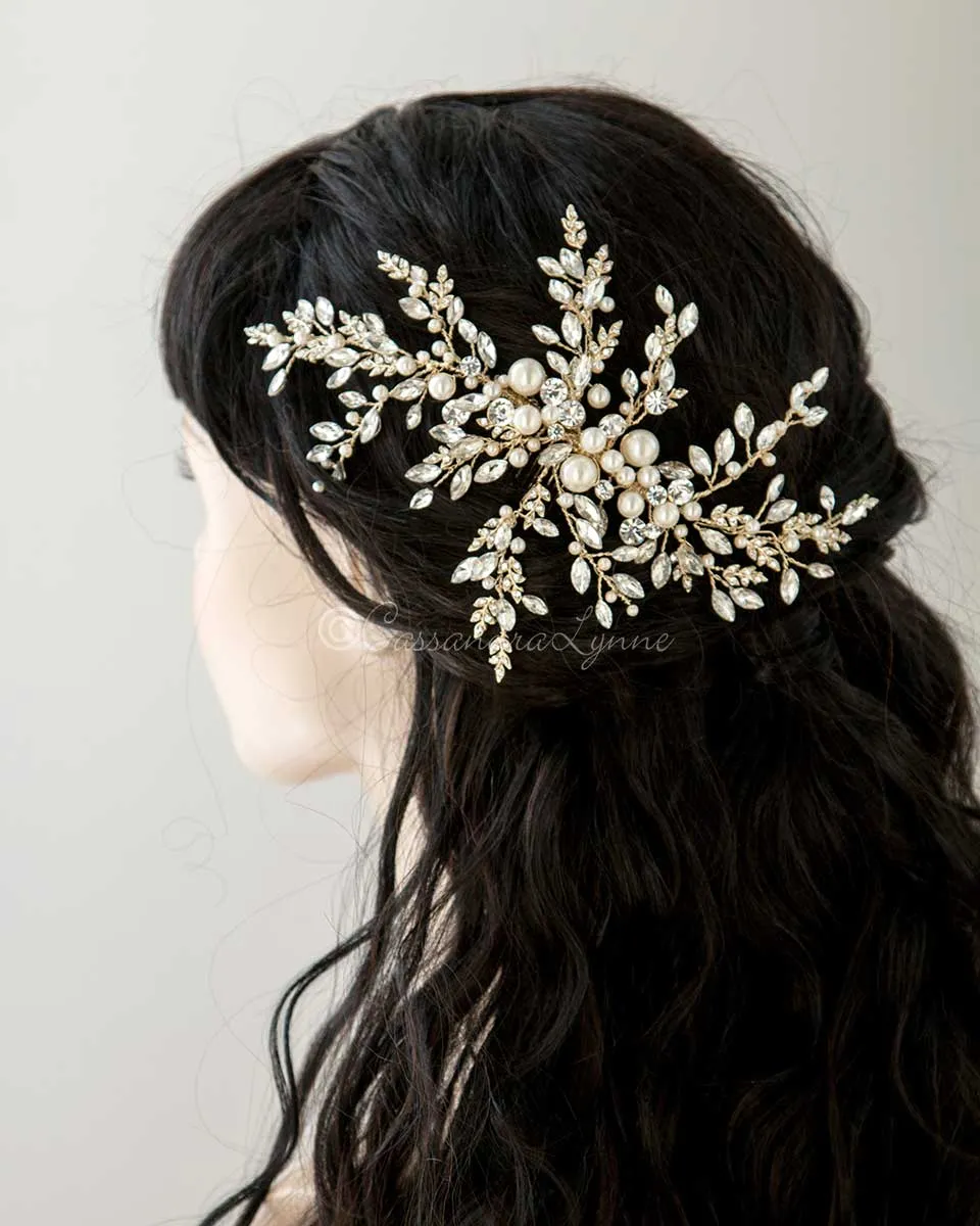 Light Gold Wedding Headpiece with Ivory Pearls