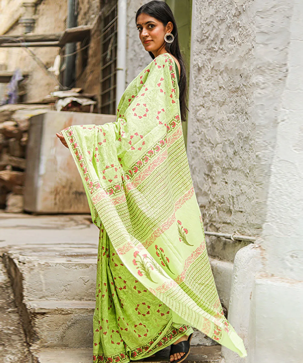 Light green pink cotton hand block sanganeri printed saree