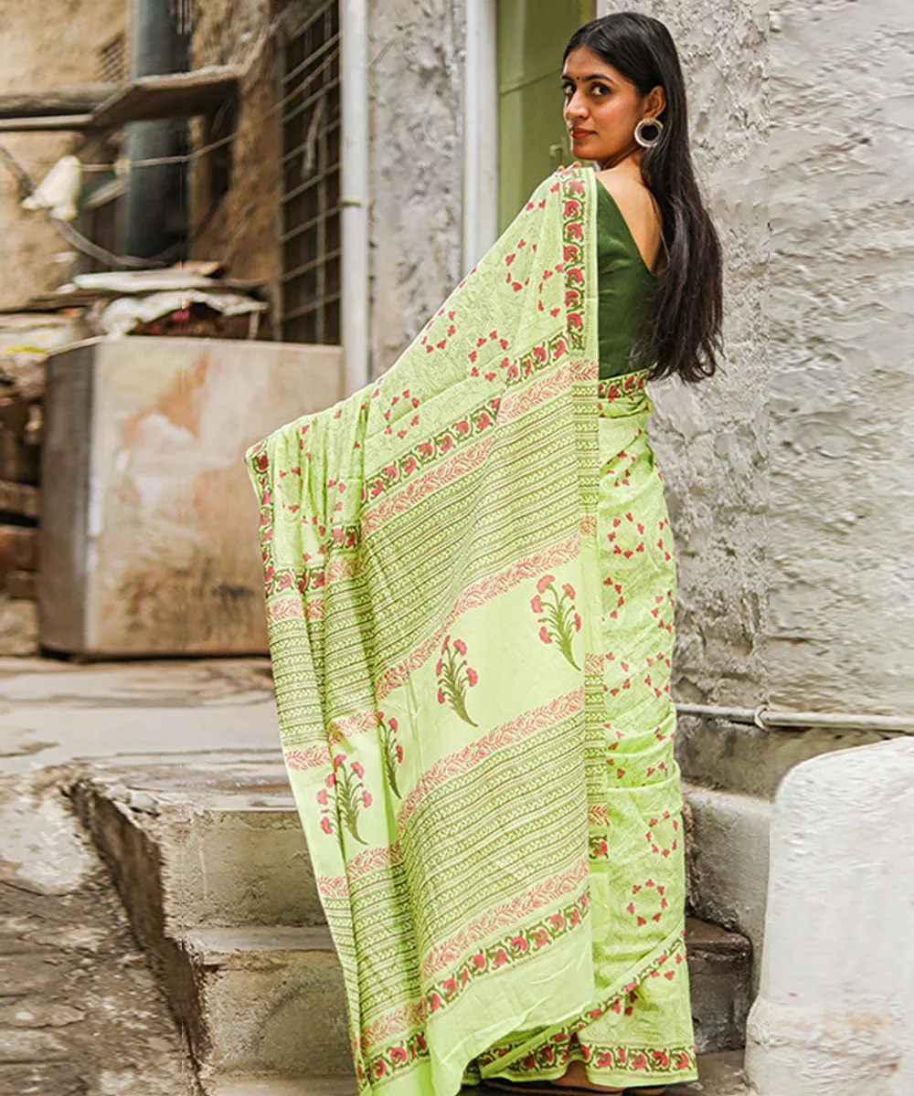 Light green pink cotton hand block sanganeri printed saree