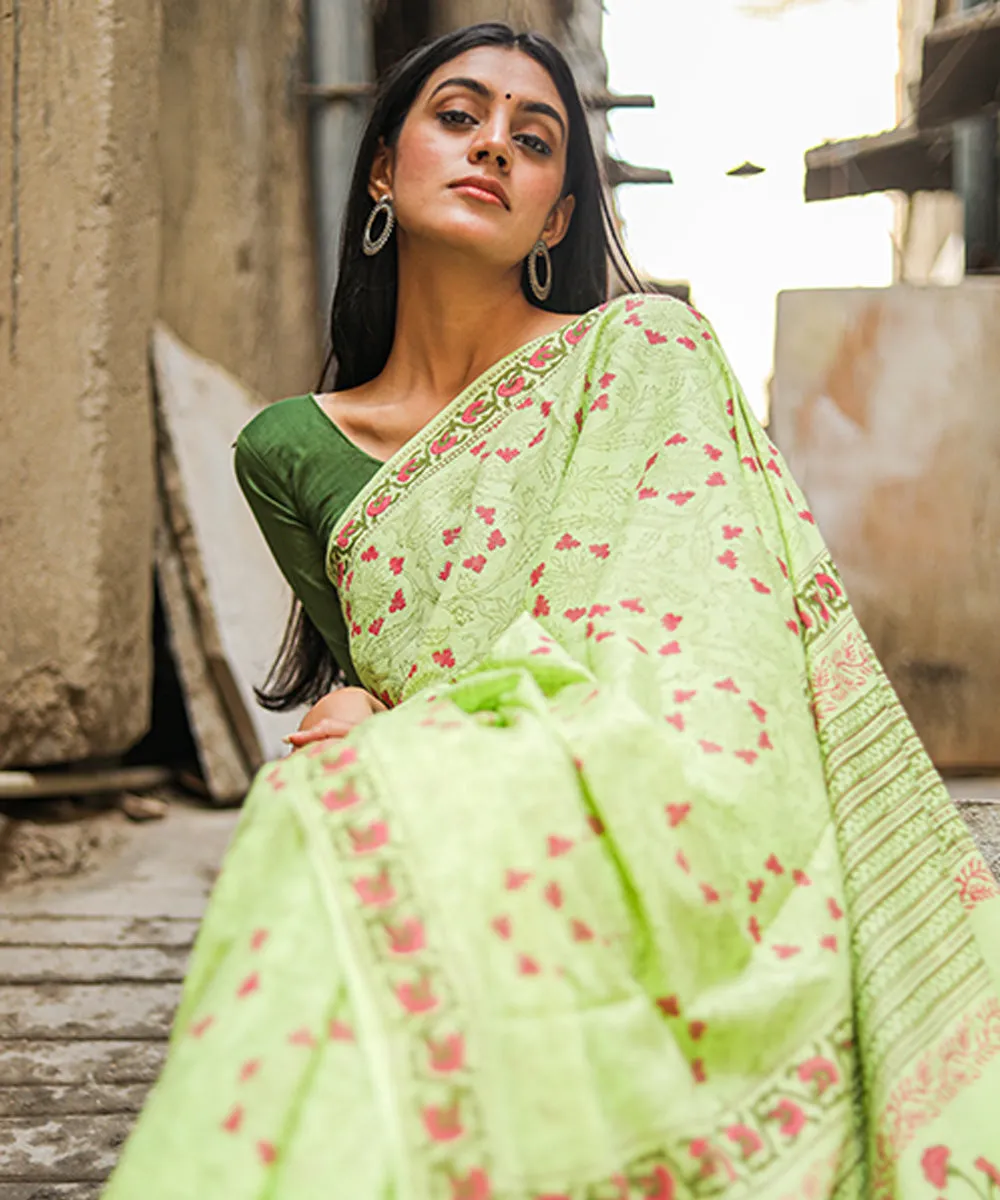 Light green pink cotton hand block sanganeri printed saree