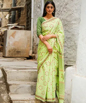 Light green pink cotton hand block sanganeri printed saree