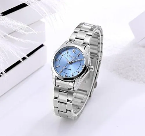 Luxury Women's Wrist Watches,Silvery Stainless Steel Wristwatches for Lady,Blue Face with Rhinestones Index