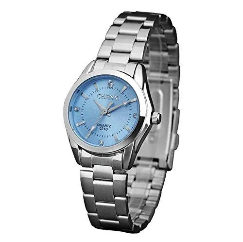 Luxury Women's Wrist Watches,Silvery Stainless Steel Wristwatches for Lady,Blue Face with Rhinestones Index