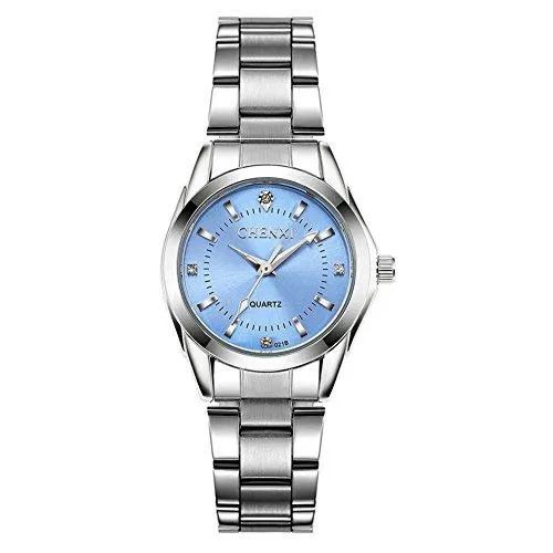 Luxury Women's Wrist Watches,Silvery Stainless Steel Wristwatches for Lady,Blue Face with Rhinestones Index