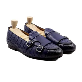 Medellin - Men's Blue Crocodile Printed Leather Double Monkstrap