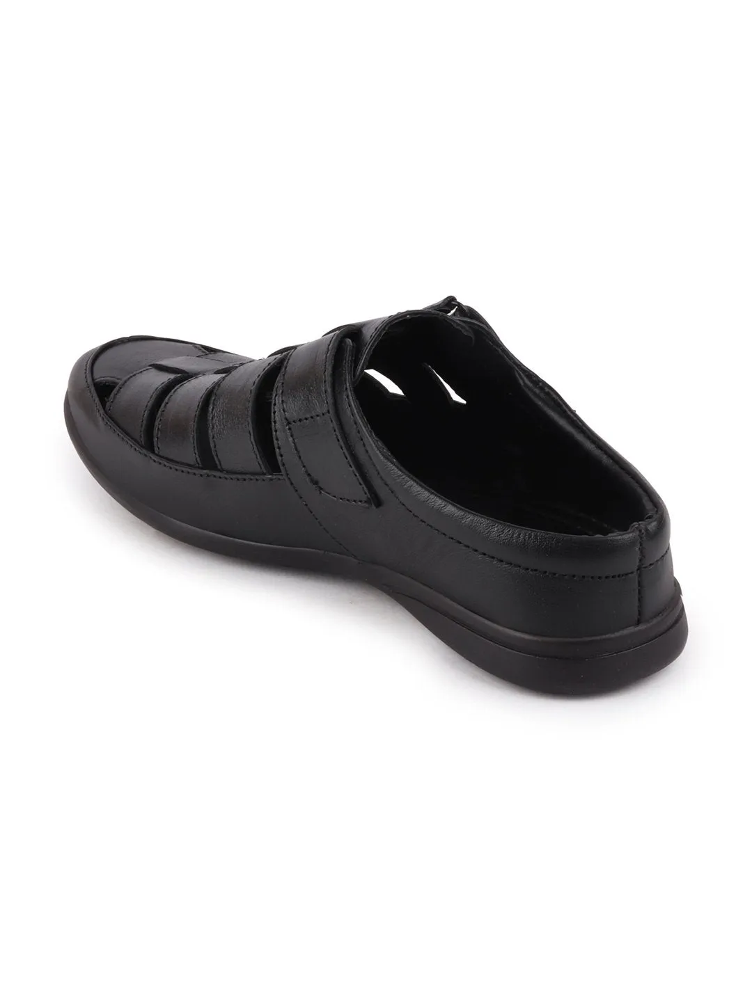 Men Black Casual Leather Hook & Loop Back Open Roman Sandals