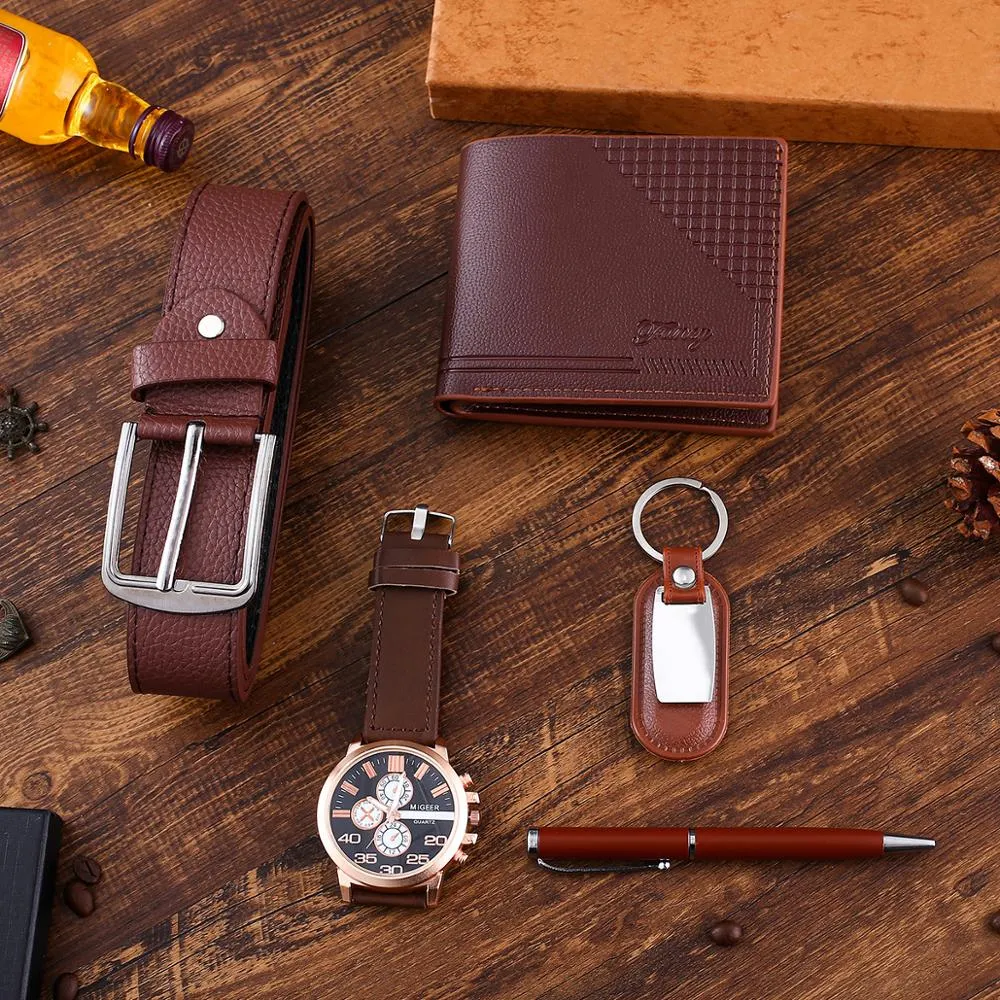 Men PU Leather Band Quartz Watch, Belt, Wallet, Pen, and Keychain Brown Gift Set